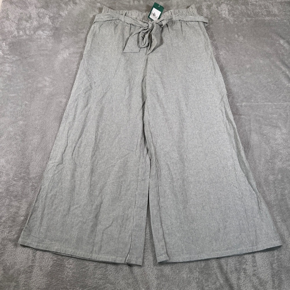 Mahina Wide Leg Pants Womens Large Gray Olive Striped Cropped Belted Casual NEW